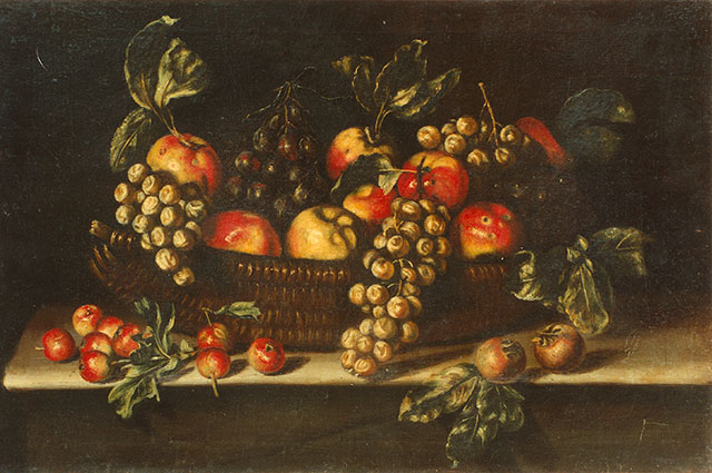Anonimo — Anonimo spagnolo sec. XVII - Natura morta con cesto d'uva e mele con nespole e azzeruoli — insieme